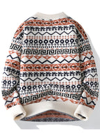 Autumn/Winter Men's Vintage Jacquard Knit Sweater with Ethnic Style Geometric Rhombus Pattern, Crew Neck Pullover, Casual and Trendy Regular Fit for Daily Outerwear or Base Layer - Off-white
