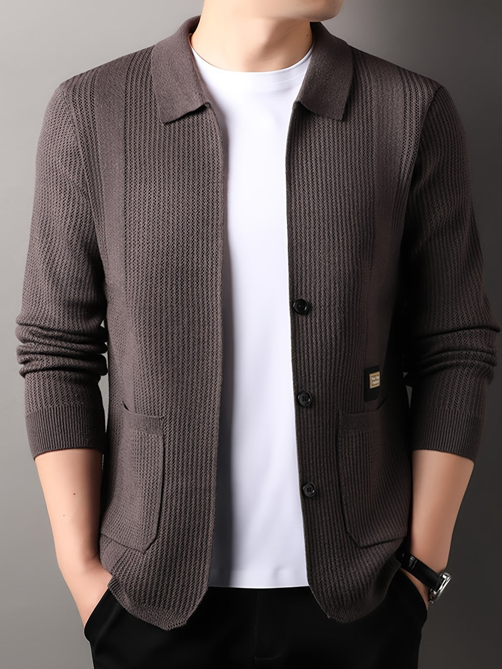 Men's Lapel Vertical Stripe Knit Cardigan Jacket, featuring a light business style with a mature and steady vibe, yet incorporating a sense of casualness. Flattering on all body types, suitable for men - SINBOS - Coffee Color