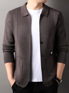 Men's Lapel Vertical Stripe Knit Cardigan Jacket, featuring a light business style with a mature and steady vibe, yet incorporating a sense of casualness. Flattering on all body types, suitable for men - SINBOS - Coffee Color