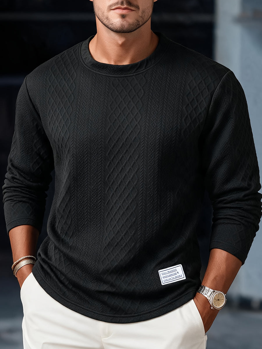 Josh Mei's Selection: Henley Collar Shirt, 2026 Autumn/Winter European and American Style Men's Casual Jacquard Crew Neck Long Sleeve Pullover Sweater Short Sleeve - Black