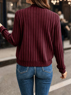 Elegant Directional, Elegant Solid Color Ribbed Zipper Long-Sleeve Jacket Coat - Autumn/Winter Style, Suitable for Commuting, Elegant Casual Wear, Wear - Red
