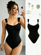 New Women's Elegant Front Pleated Bodysuit, Golden Buckle Detail Strappy Sleeveless Vest, Slim-Fit Jumpsuit, Suitable for Nightclub and Daily Wear, Wilderness - Black