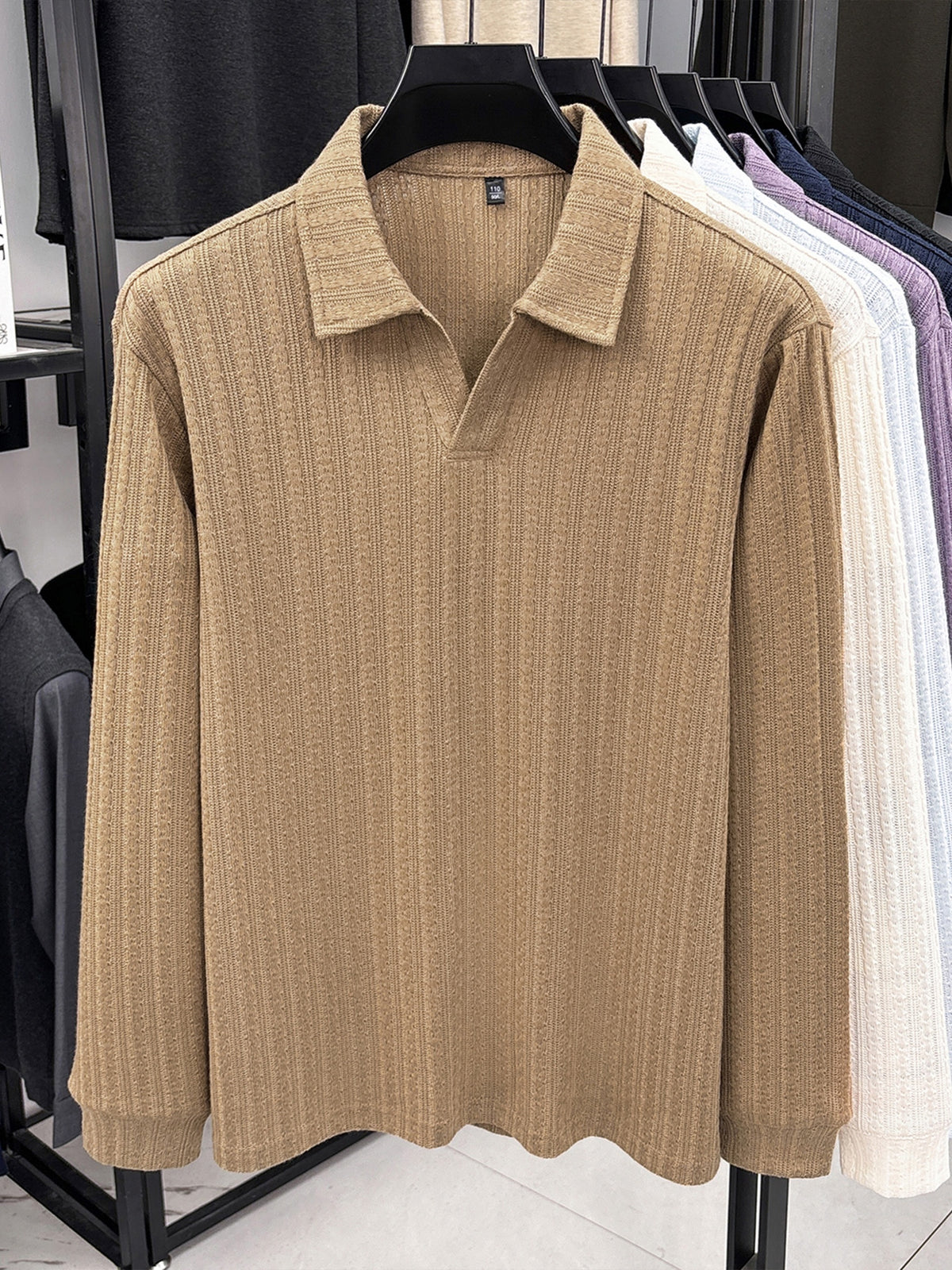Mature Men'S Knit Long Sleeve Polo Shirt, Multi-Cable Design Heavyweight Style Multi-Color Available Textured Ribbed Fabric, V-Neck Long Sleeve Design, Delicate Vertical Ribbed Jacquard Texture, Light Mature Business Casual Style - Khaki