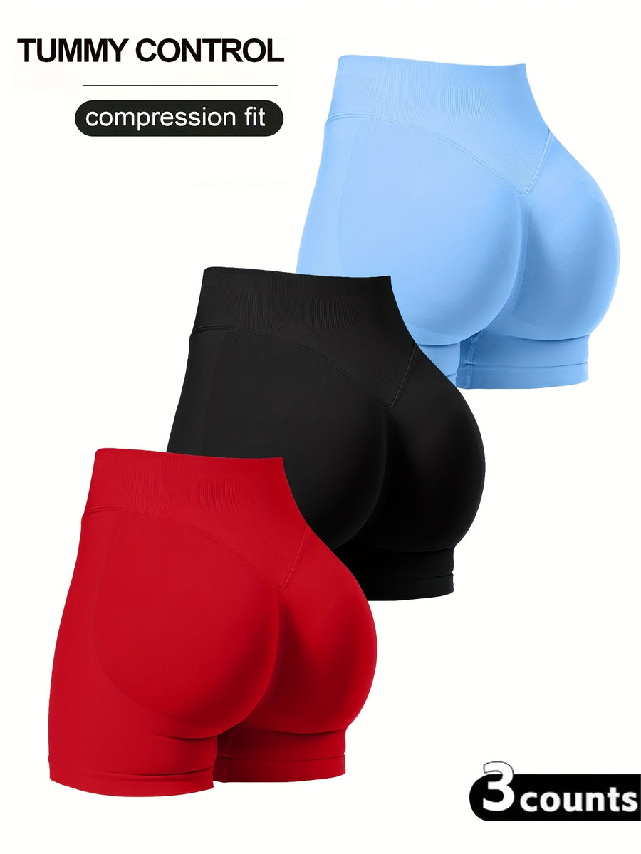 3pcs Set Women'S Spring Summer New Seamless High-Waist Shorts, Waist-Cinching Butt Lift, Suitable for And - Baby blue + black + bright red