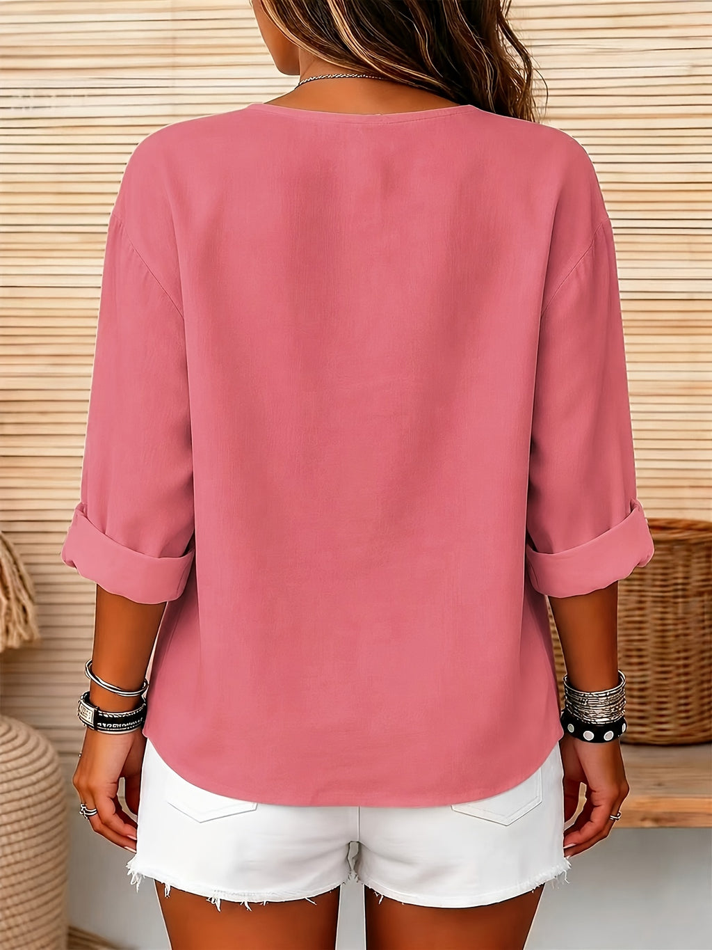 Solid Color Shirt, Round Neck Button-Up, Loose Fit, Casual Wear, Spring Summer Women'S Shirt - Pink Color