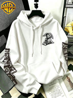 [Warner Bros] Licensed Men'S New Trendy Hoodie Sitting Drinking Milk Tea Rabbit Pattern Print Casual Hoodie, Daily Drawstring Loose Pullover Top, Machine Washable All-Match Sports Casual Men'S Top - White