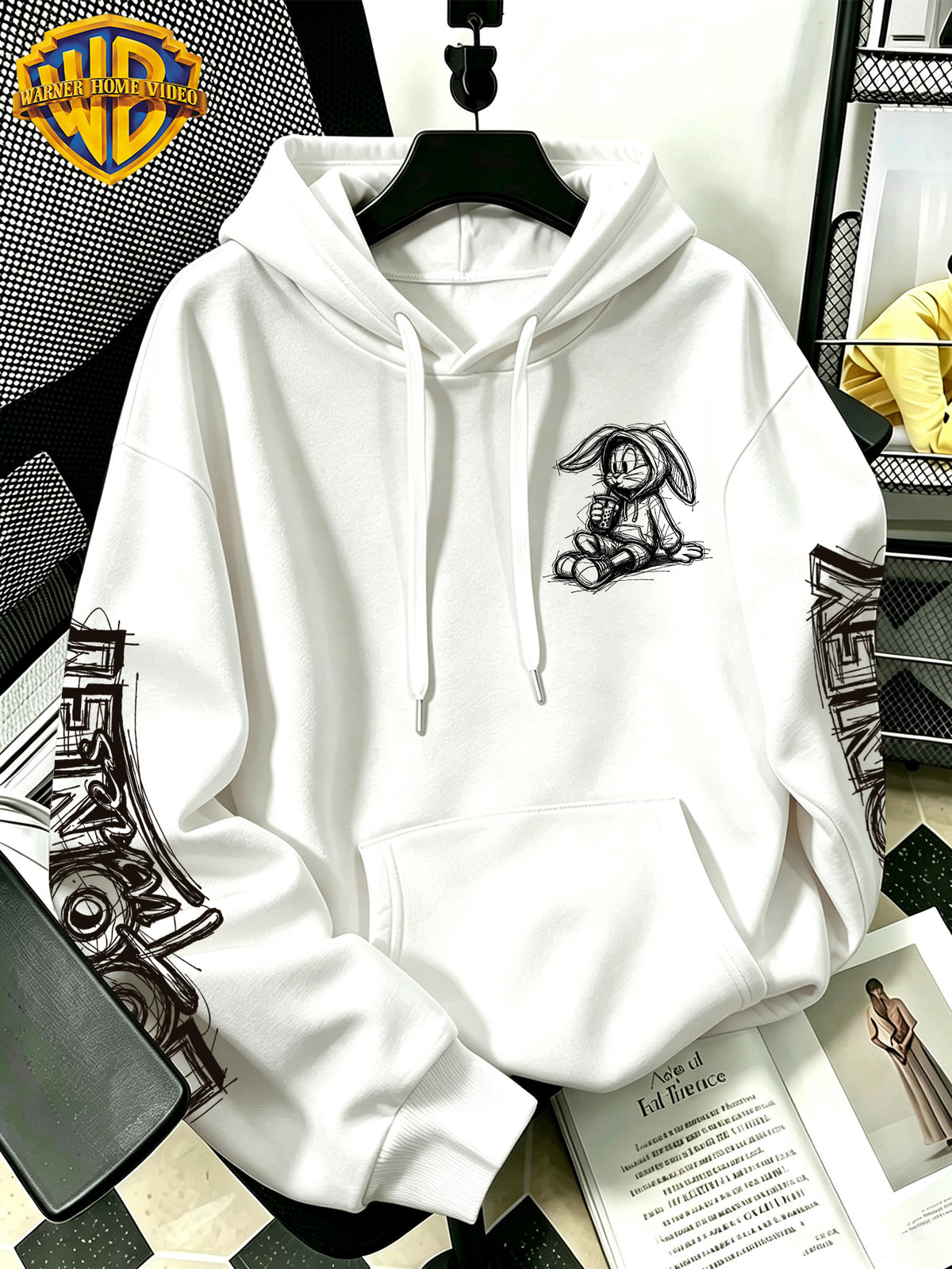 [Warner Bros] Licensed Men'S New Trendy Hoodie Sitting Drinking Milk Tea Rabbit Pattern Print Casual Hoodie, Daily Drawstring Loose Pullover Top, Machine Washable All-Match Sports Casual Men'S Top - White