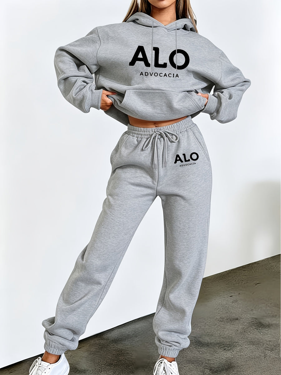 ALO ADVOCACIA Black Text Pattern Autumn/Winter Fashion 2pcs -Lined Set, Women's Printed Casual Outfit, Elegant Women's Clothing - Grey