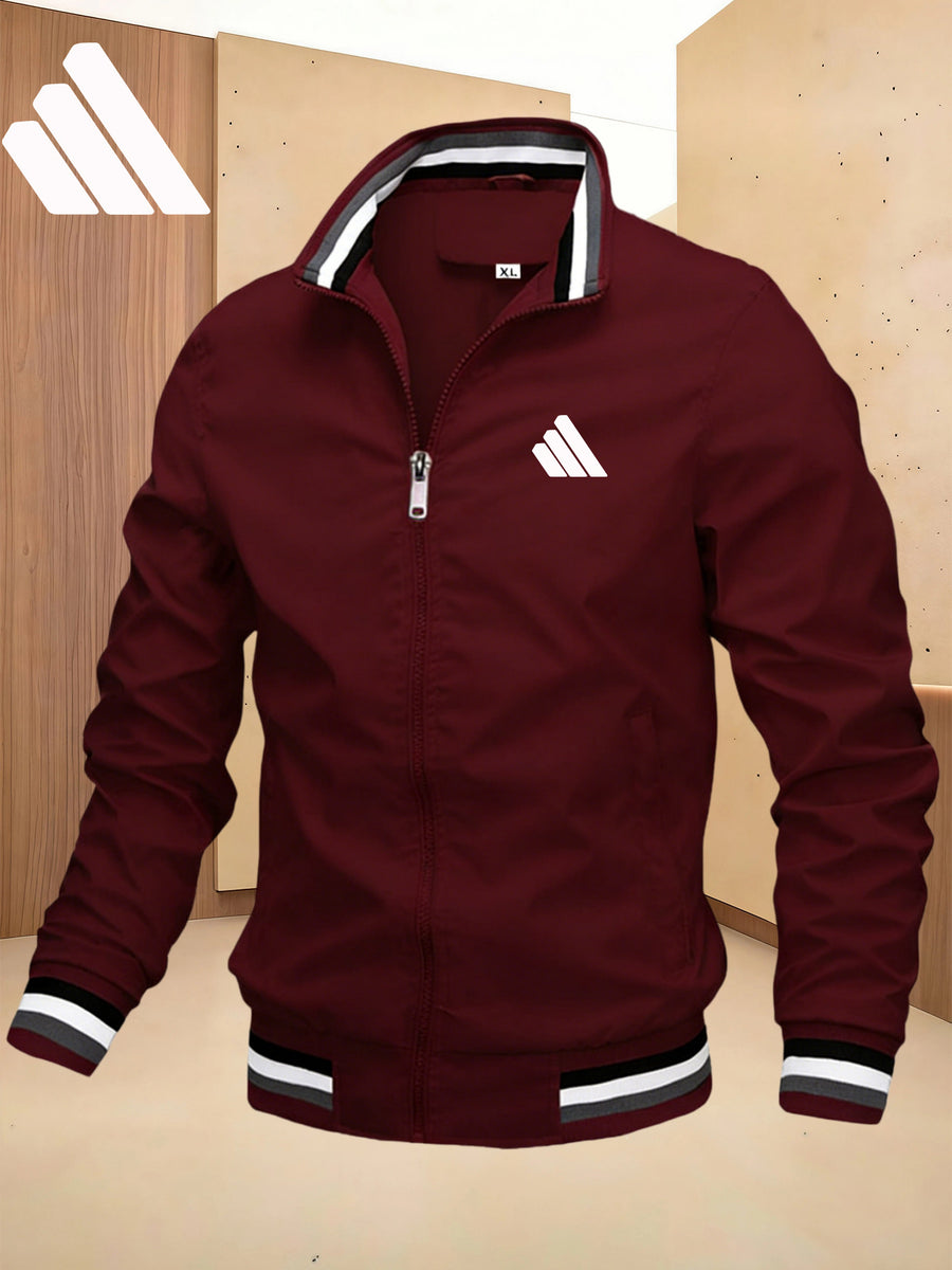 Men'S Sports Solid Color Stand-Up Collar Jacket, Color Striped Rib Hem, Lightweight And Windproof, Creative Three-Bar Totem Design Elements, Suitable for Jogging in Spring And Autumn, Daily Casual Versatile - Burgundy