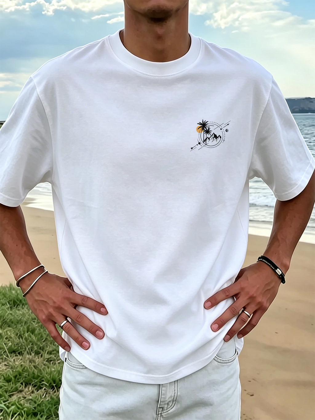 New Men's 100% Pure Cotton T-Shirt with Surfboard, Coconut Tree, and Sun Print, Comfortable and Breathable for Summer Casual Beach Vacations - White
