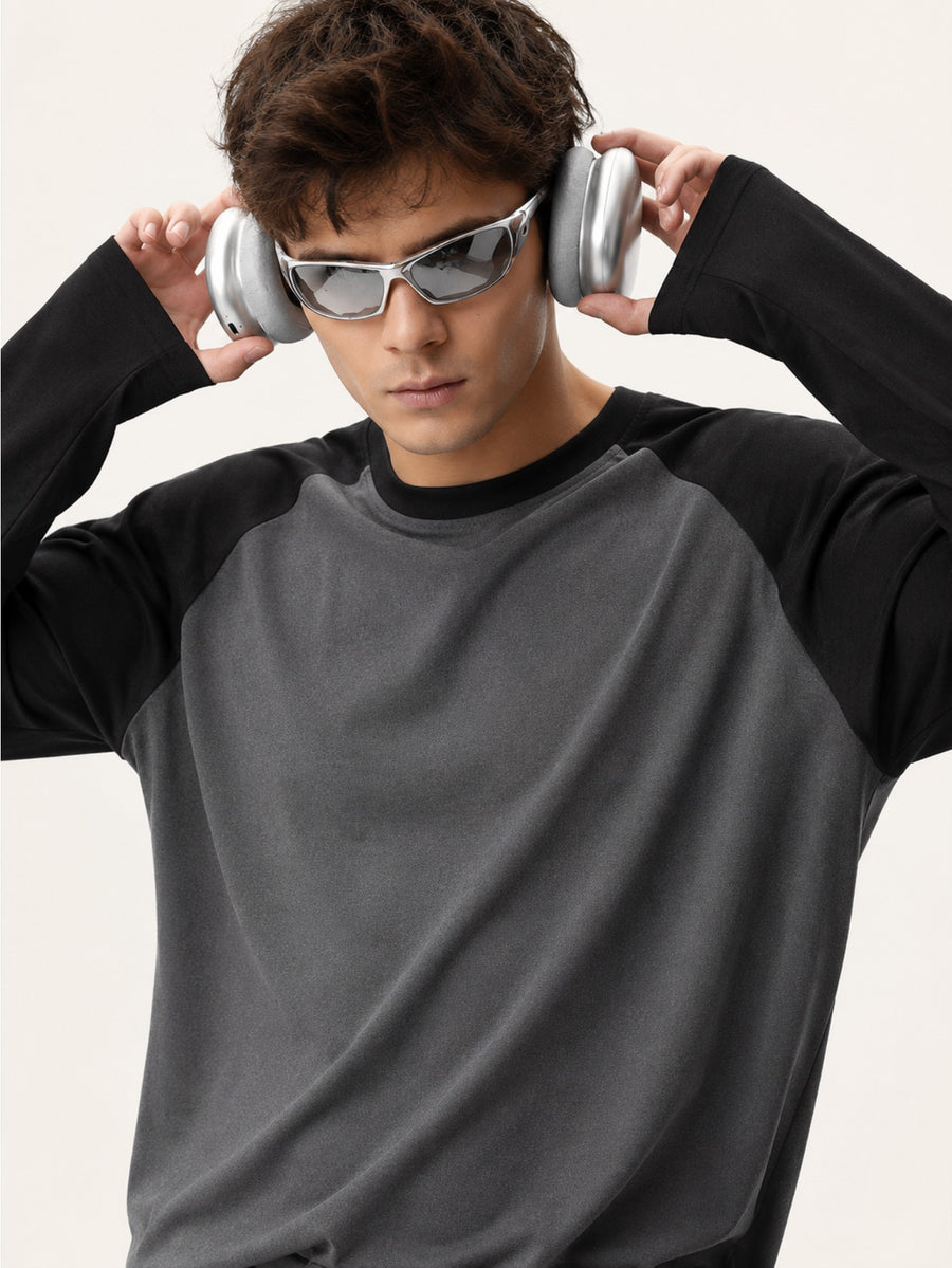 Men'S Long Sleeve Round Neck T-Shirt, a Versatile Color-Block Pullover Top, Men'S Work And T-Shirt, Men'S Top, Casual Work Scene Wear, Applicable for Work Scenes - Black sleeves + dark gray shirt