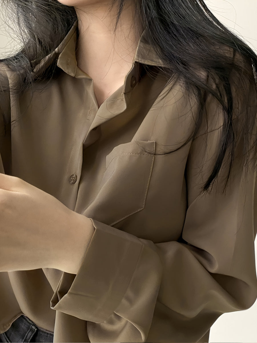 Easy Versatile Single-Button Loose Casual Solid Color Long Sleeve Shirt Top Women'S - 【Brown】