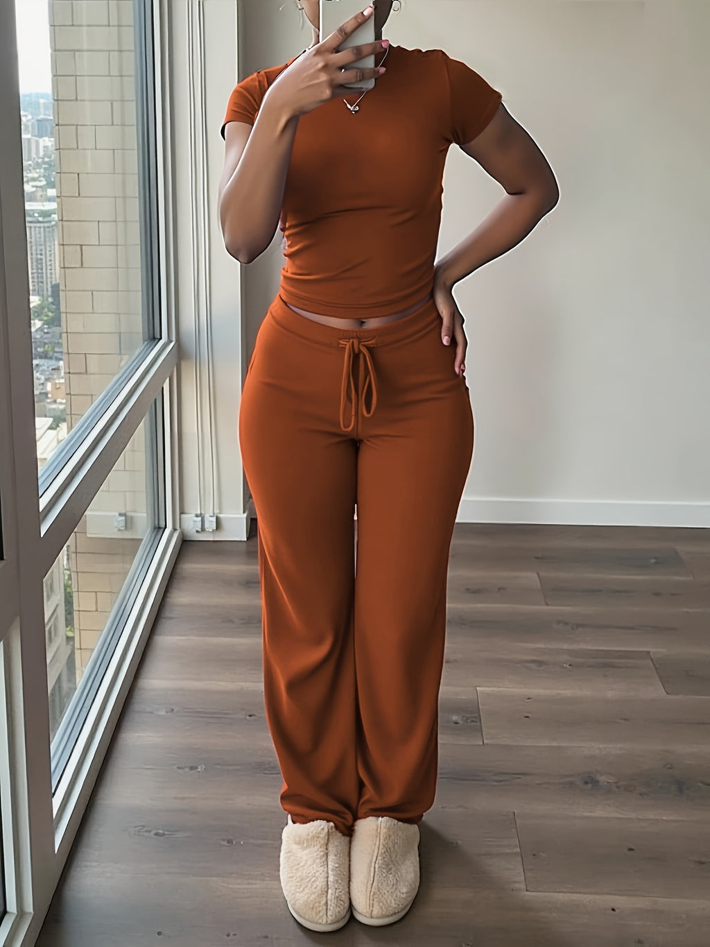 Women'S 2pcs Short Sleeve Top And Wide-Leg Pants Set, Fake Drawstring Waistband, Casual All-Season Outfit, Comfortable Home Wear, Daily Attire, Casual Style, Short Sleeve Top, Women'S Set, Women'S Clothing, Fashion Top, Autumn Women'S Wear - Light Brown-1
