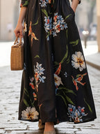 Women's Vintage Floral Shirt Dress with Lapel Collar, Waist-Cinching Tie, and Flared Hem, Elegant Long Dress for Commuting and Dating - Black