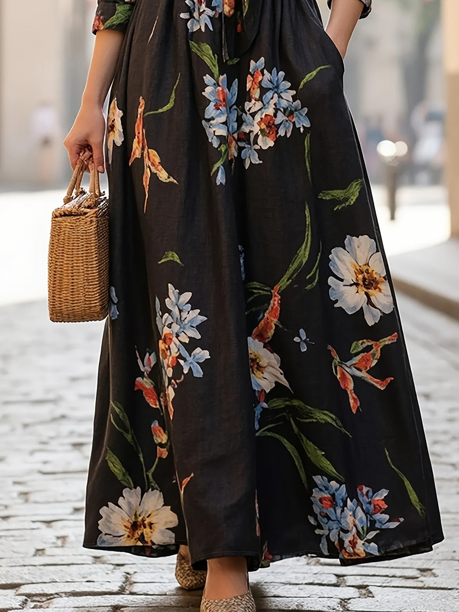 Women's Vintage Floral Shirt Dress with Lapel Collar, Waist-Cinching Tie, and Flared Hem, Elegant Long Dress for Commuting and Dating - Black