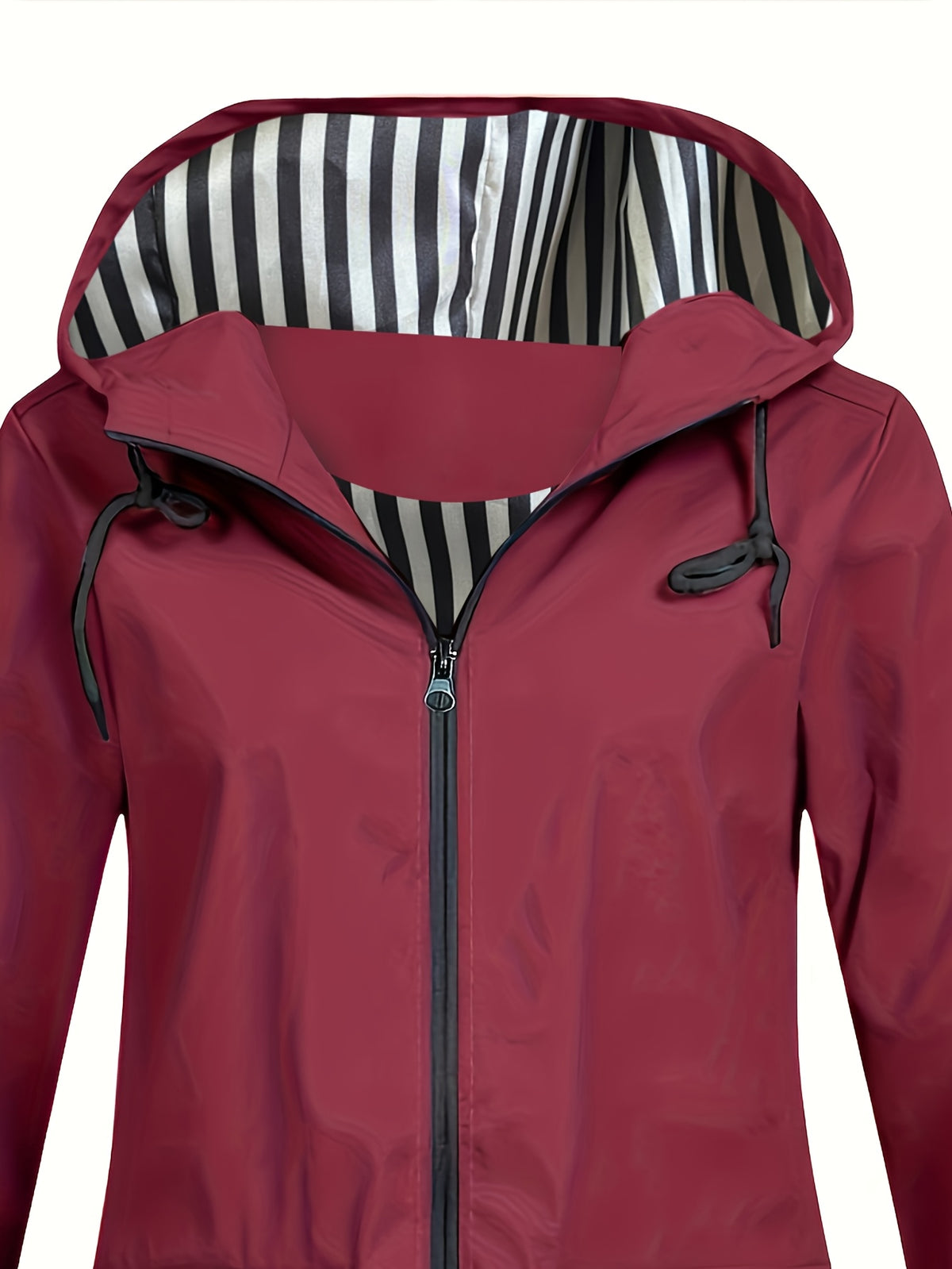 Autumn and Winter Striped Lined Hooded Windbreaker Jacket - Burgundy