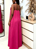 New Outing Party French Heavy Embroidery 3D Floral Sleeveless Cami Dress Loose Long Backless Vacation Light Dress - Rose Red