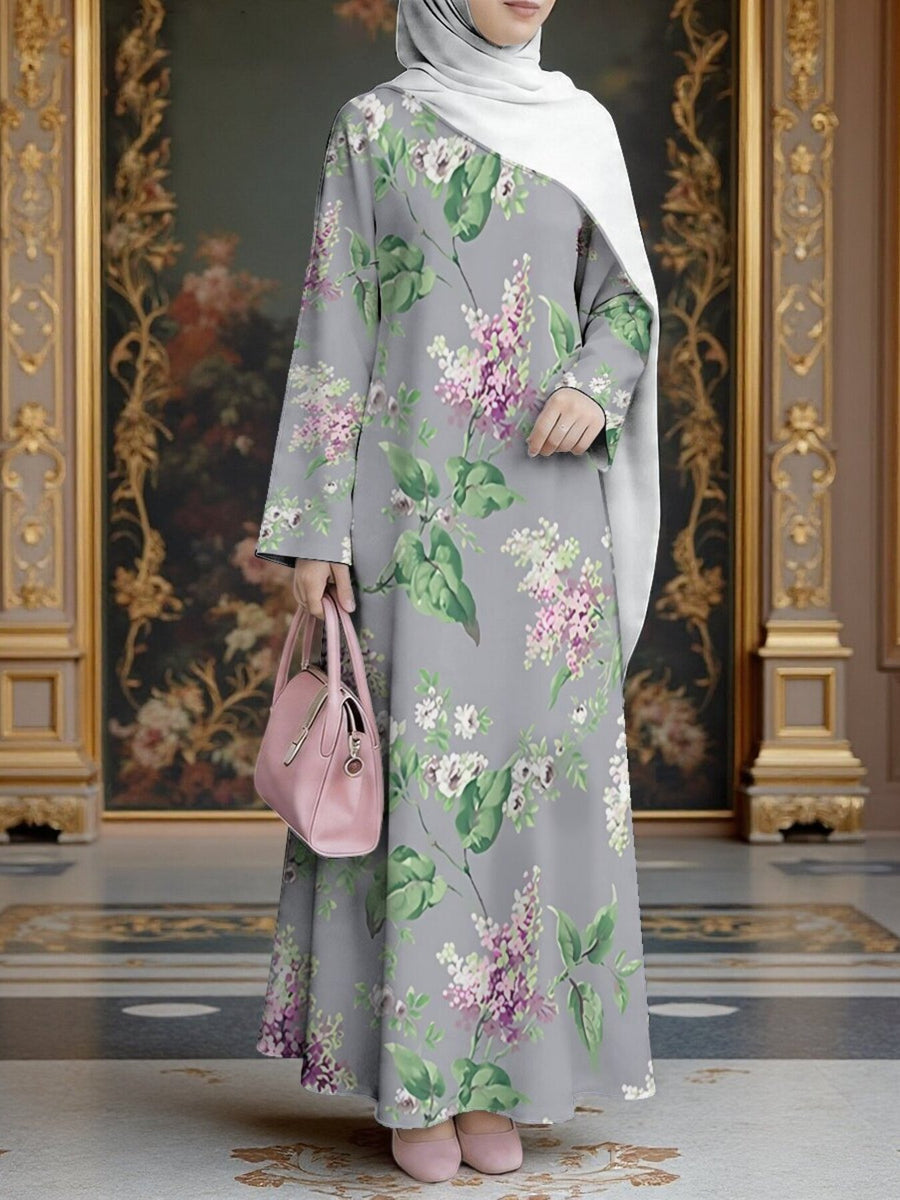 Women's Middle Eastern Style Muslim Elegant Robe, Gray Base with Lilac Floral Print Maxi Dress, Loose Straight Cut with Long Sleeves, for Festivals, Prayers, and Gatherings, Wrinkle-Resistant Non-Embroidered Craftsmanship, Gentle - Mixed colors