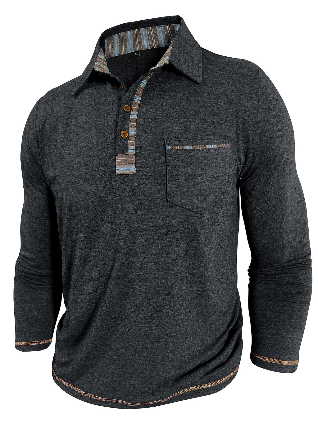 Men'S Retro Trendy Fashion Lapel Long Sleeve Polo Shirt, Casual Stylish Pocket Top T-Shirt - Black