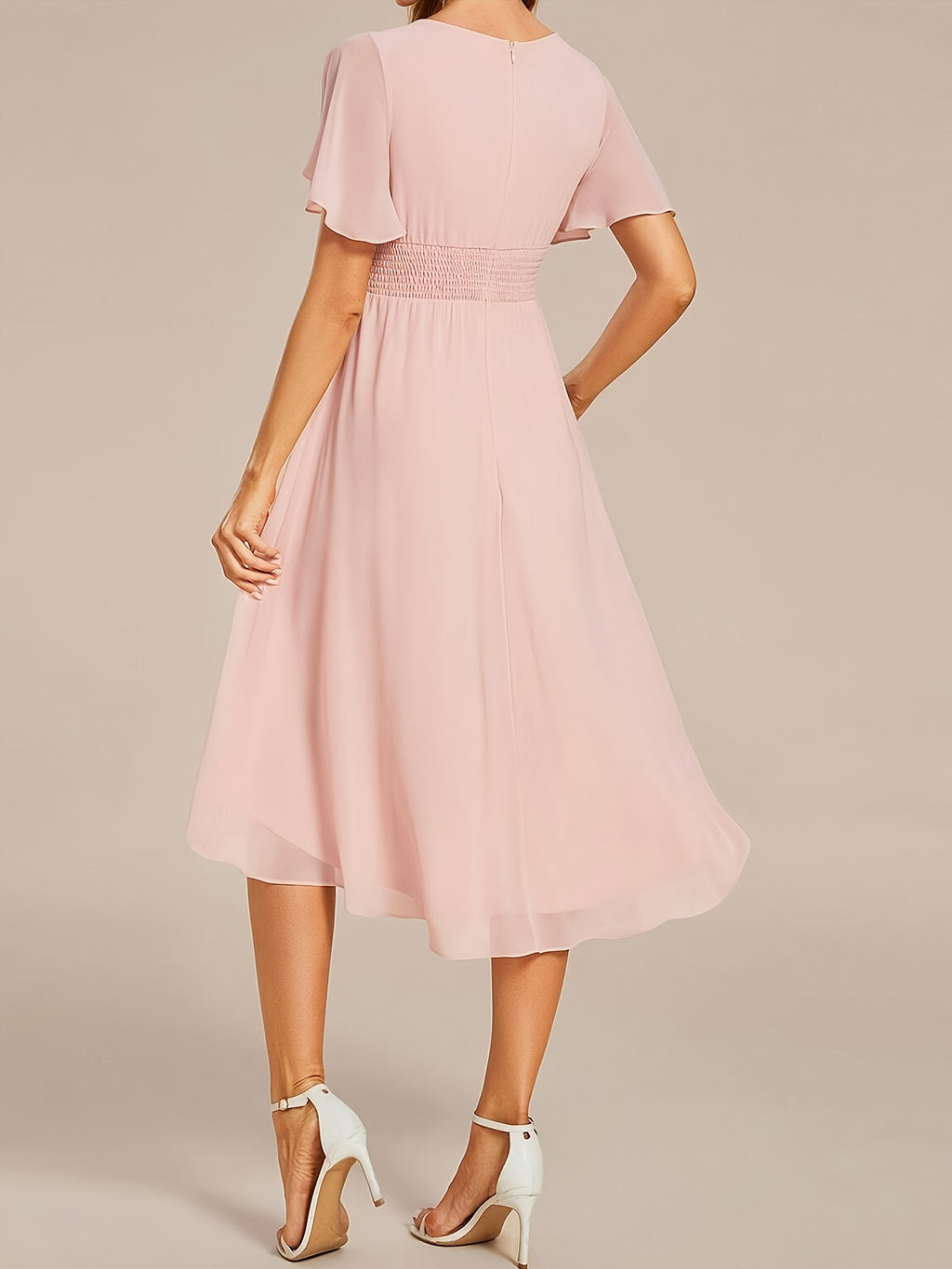 Elegant Pleated Sleeve Formal Bridesmaid Dress Formal Wedding Guest Dress - Pink