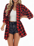 Beautiful Women'S Long Checkered Long Sleeve Shirt, Fashionable Double Pocket Design, Exquisite Buttons, Breathable Soft Fabric, Perfect for Spring And Autumn - Red And Black Grid