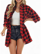 Beautiful Women'S Long Checkered Long Sleeve Shirt, Fashionable Double Pocket Design, Exquisite Buttons, Breathable Soft Fabric, Perfect for Spring And Autumn - Red And Black Grid