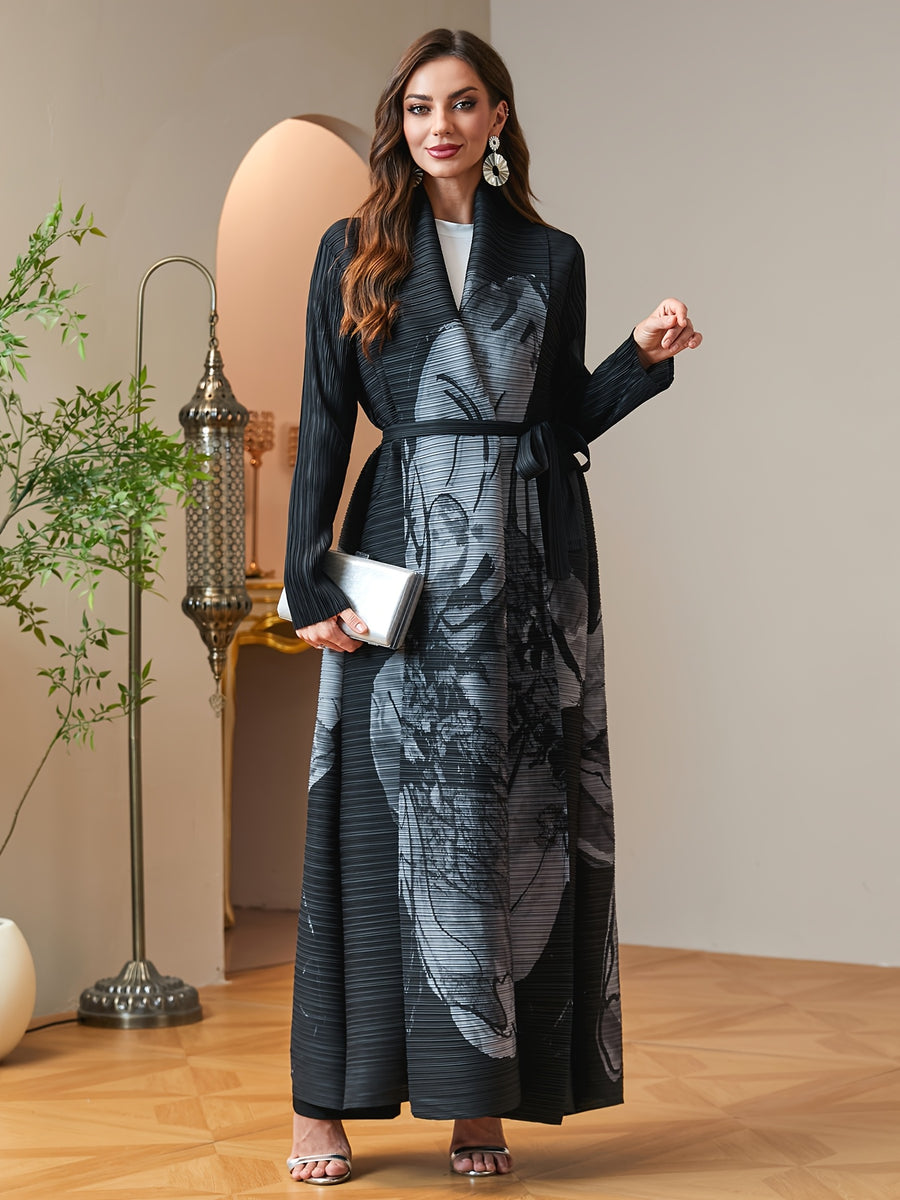 Women Modest Black Grey Floral Print Pleated Abaya Open Front Long Cardigan with Belt Dubai Arab Kimono Duster Coat High Quality Plisse Loose Robe Outerwear Banquet Party Evening Wear - Black
