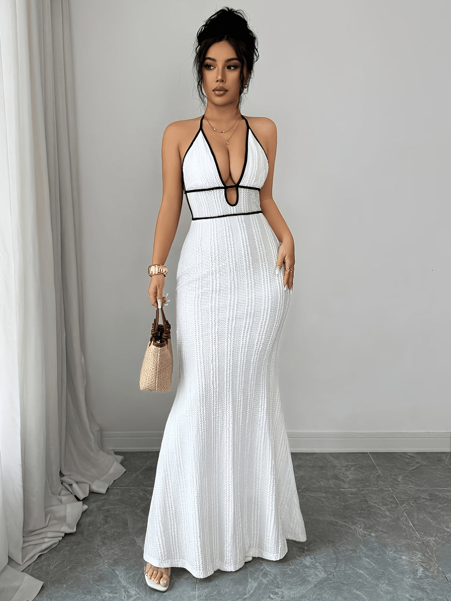 Trendy Women'S Textured Bodycon Cami Dress, Sexy Vacation/Date Night Wear, Black with Edging, Spring Summer - White