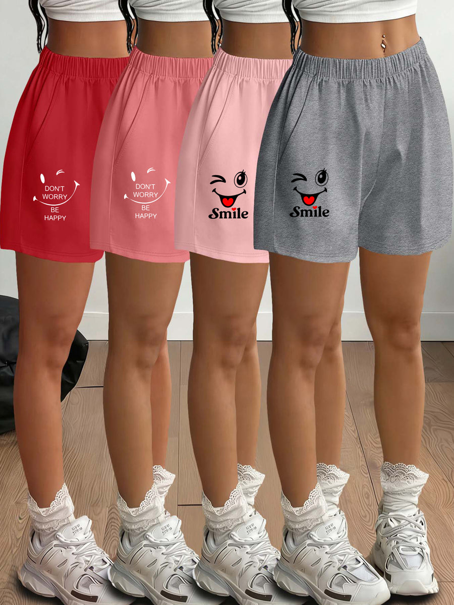 2026 Spring/Summer New Arrival Women's Fashionable and Simple "DON'T WORRY BE HAPPY & Smile" Letter and Smiling Face Print Leg-Length Enhancing Casual Loungewear Light Y Streetwear Commuting Elastic Waist Side Pocket Shorts 4pcs Set - Red + Rose Red + Pink + Light Gray