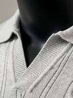 Men'S Knit Sweater Short Sleeve Polo Shirt, Light Luxury Business High Quality Cable Knit Vertical Stripes Heavy Craft Slimming Texture Fashion Easy Handsome Exquisite Workmanship Dating Party Outdoor High-End Places All Suitable Golf Polo Shirt Kni - Light Grey