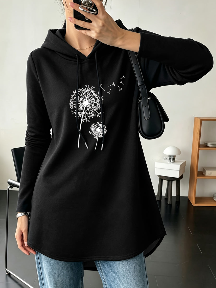 Mid-Length Hooded Sweatshirt for Women, Loose Hip-Covering Dandelion Print Drawstring Pullover Top - Black