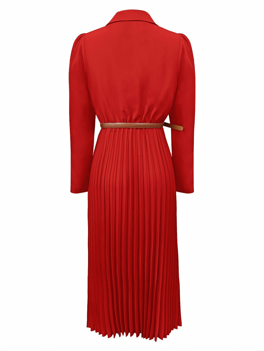 Spring/Autumn Long Sleeve Lapel Elegant Fashion Versatile Ruched Dress with Belt, Women'S - Red
