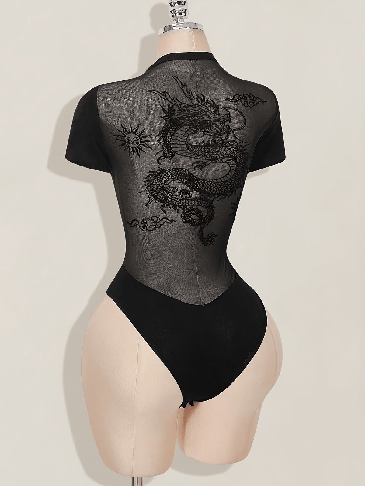 Women's Black Bodysuit with Short Sleeves and Round Neck, Featuring a Sexy Dragon Print on a Mesh Panel at the Back. Suitable for Gatherings, Parties, Music Festivals, Christmas, Dates, Daily Outings, Travel, Shopping, Airport Outfits, and Brunch - Black