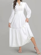 QD0711013 Women'S Elegant Black Lace Trim Long Sleeve Dress - Slim Fit Solid Color, Exquisite Craftsmanship - White