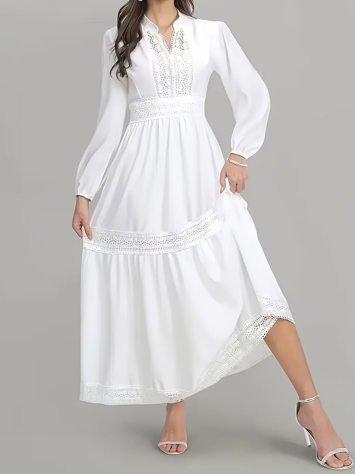 QD0711013 Women'S Elegant Black Lace Trim Long Sleeve Dress - Slim Fit Solid Color, Exquisite Craftsmanship - White