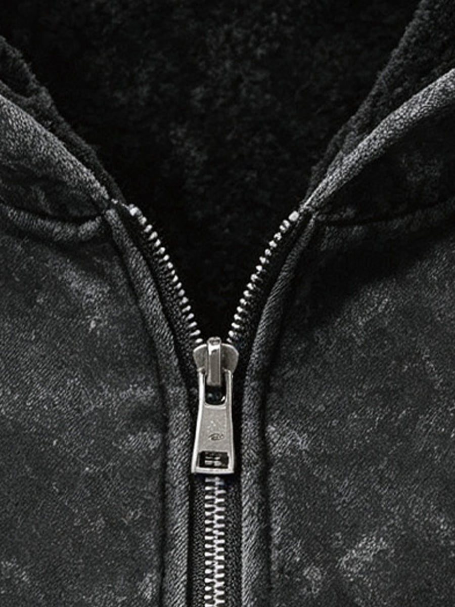 Men'S Fleece-Lined Zip-Up Hoodie, National Trend Style Print Retro Design, Outdoor Sports, Casual Daily Wear, Trendy Street Photography, Solid Color Easy Spring/Autumn Men'S Hooded Sweatshirt, Loose Soft Comfortable, Washable And Machine Washable - Black