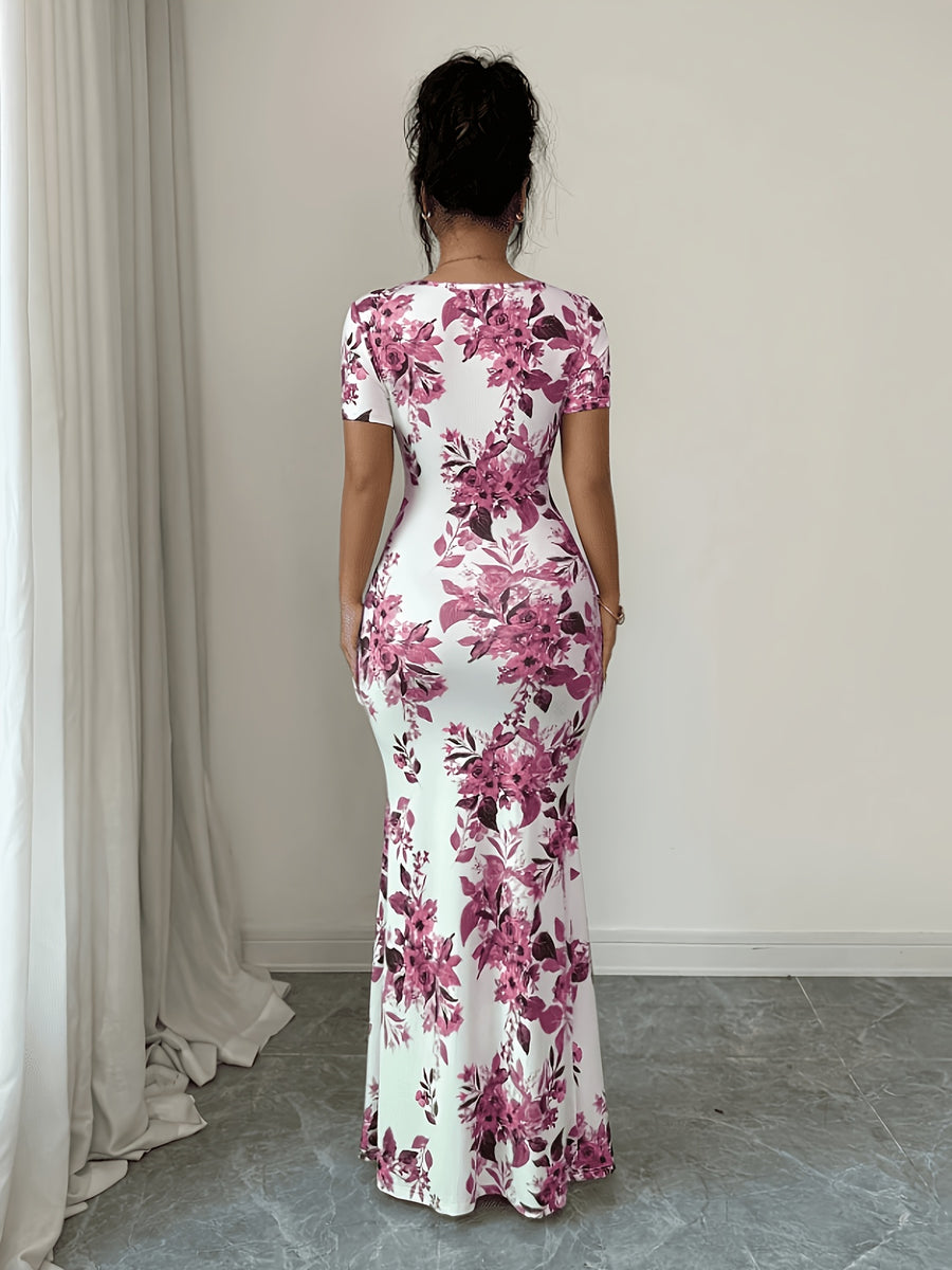Women'S Summer Short Sleeve Dress, Digital Print Vacation Dress, Beach Vacation Dress, Slit Hem, Ruched Waist Long Dress - Rose Red