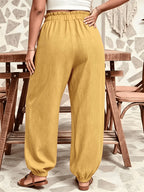 Plus Size - All Seasons Plus Size Beautiful Women'S Casual -Like Rubber High-Waist Scalloped Trim Tie-Pocket Women'S Long Pants, Casual Daily Versatile Vacation Holiday Style - ginger-colored