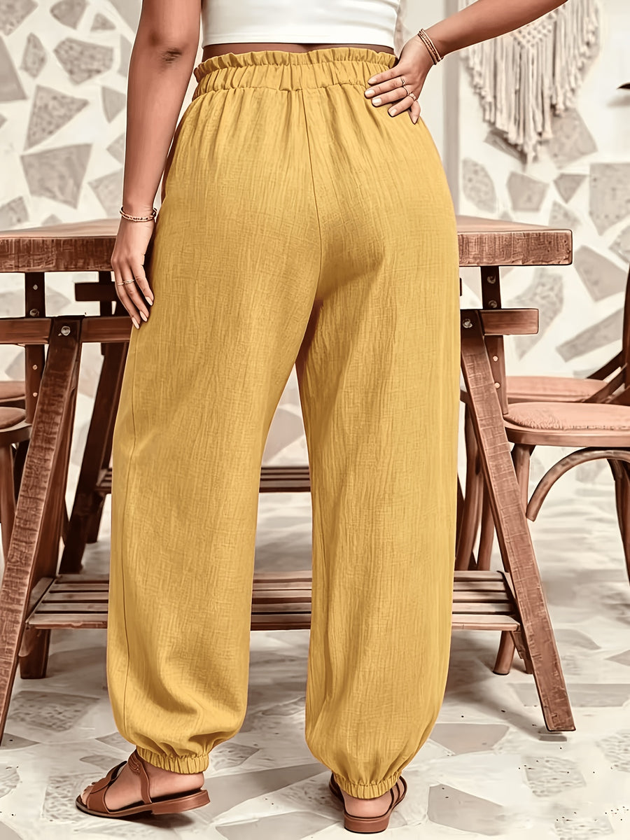Plus Size - All Seasons Plus Size Beautiful Women'S Casual -Like Rubber High-Waist Scalloped Trim Tie-Pocket Women'S Long Pants, Casual Daily Versatile Vacation Holiday Style - ginger-colored