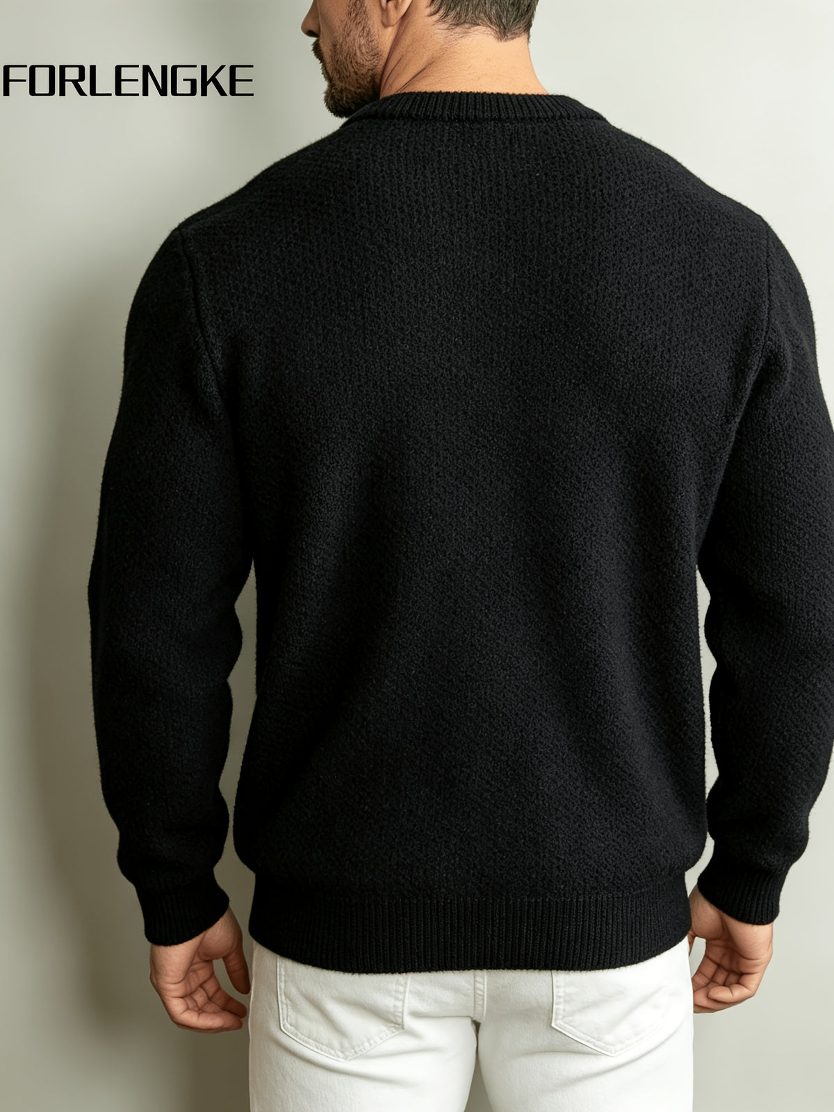 FORLENGKE Men's Crew Neck Knit Cardigan, New Spring/Autumn Solid Color Sweater Outerwear, Simple Single-Breasted Casual Long Sleeve Top, Light Luxury Versatile Loose-Fit Outer Knit Jacket for Men's Commuting Outfits - Black