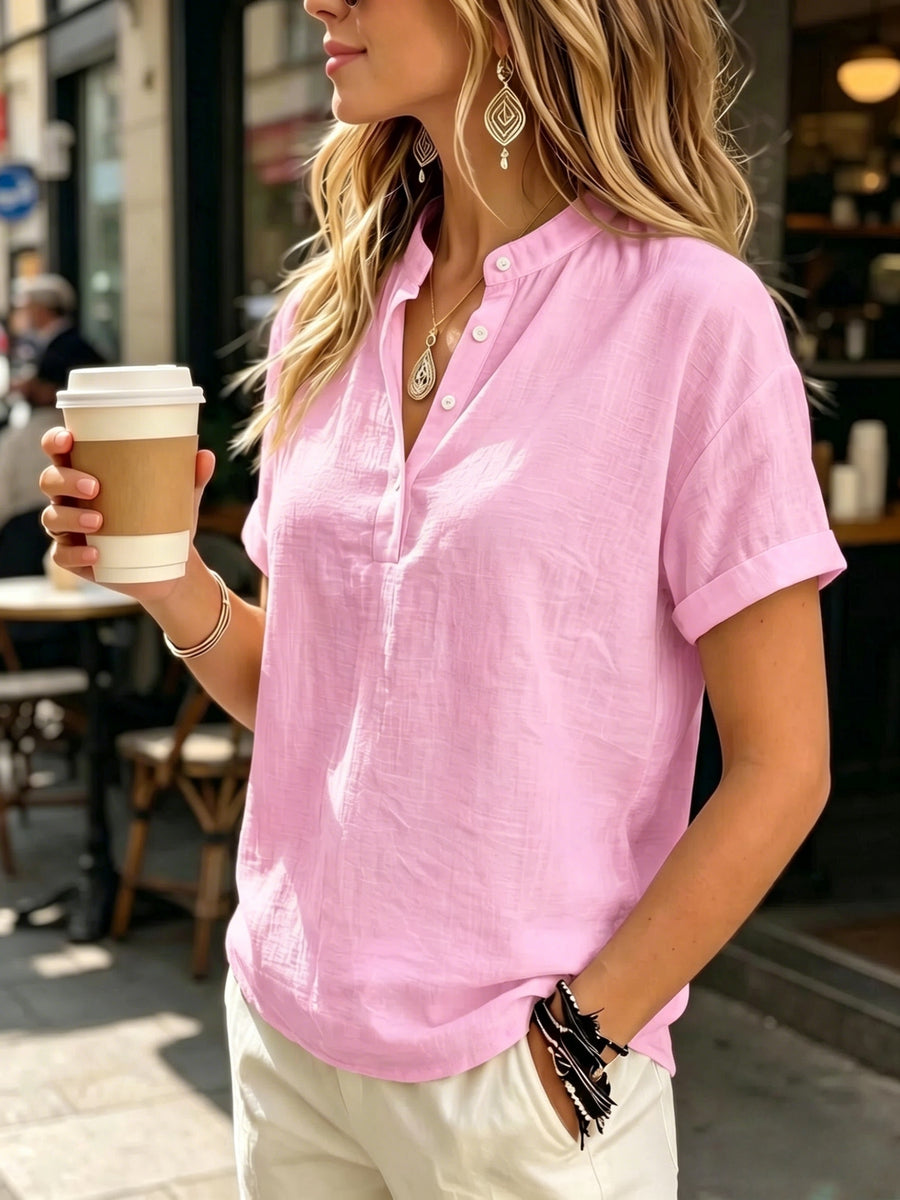 Ladies' Casual Solid Color Short Sleeve Shirt, Versatile Commuting Style Top, Loose And Comfortable, Lightweight And Breathable - Pink