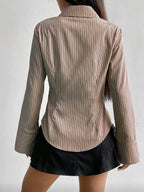 Pure Desire Style Slim Striped Shirt High Waist Curved Hem Hot Long-Sleeved Shirt - Khaki