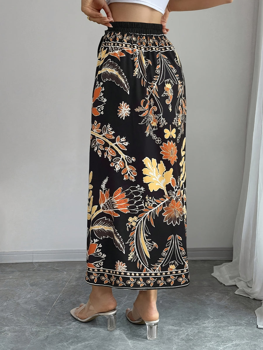 Women's Elegant Floral Print Wrap Tie Straight Skirt, Vacation Style - Black