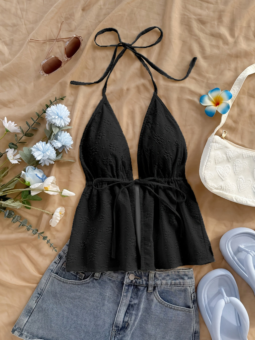 Solid Floral Texture Cute Top - Black