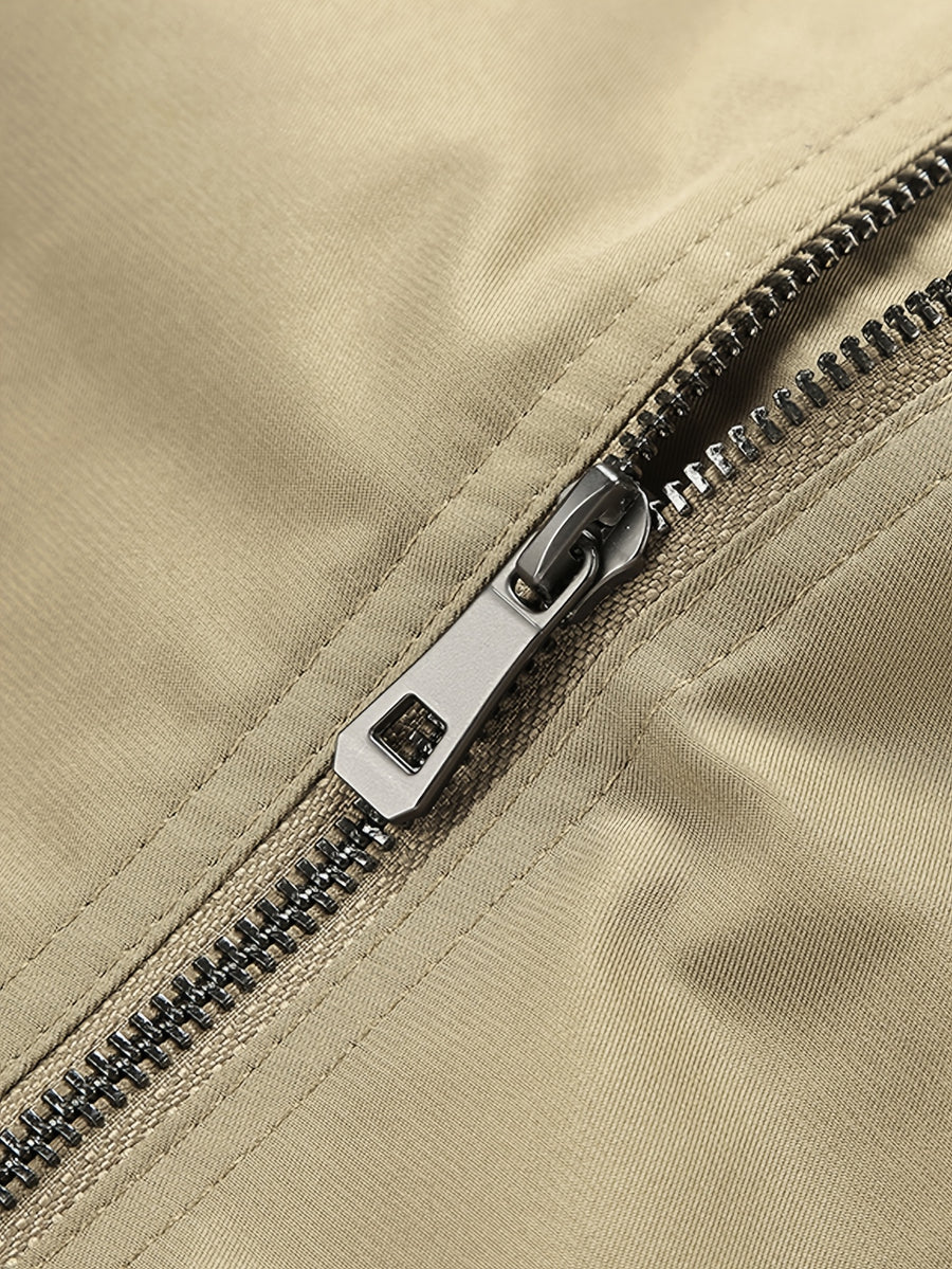 Men'S Spring Autumn Stand-Up Collar Casual Jacket, 100% Loose Fit, Ribbed Cuff Zippered Cardigan Coat, Solid Color Multi-Pocket Men'S Sporty Jacket, Suitable for Commuting, School, Daily Walking, Weekend Outings - Khaki