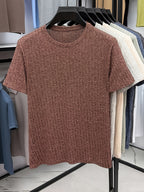 Men'S Round Neck Vertical Ribbed Knit T-Shirt, Summer Breathable Commuter Business Style, Casual Versatile Short Sleeve Top, Basic Round Neck Design, Neat Stitching, Contouring Neckline, Unrestrictive for Daily Activities - Coffee Color