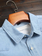 Men's American Casual Light Blue Washed Denim Shirt, Classic Stitched Double-Pocket Lapel Single-Breasted Long Sleeve Top, Loose Slimming Commuter Versatile Inner Wear& Outer Jacket - Light Blue