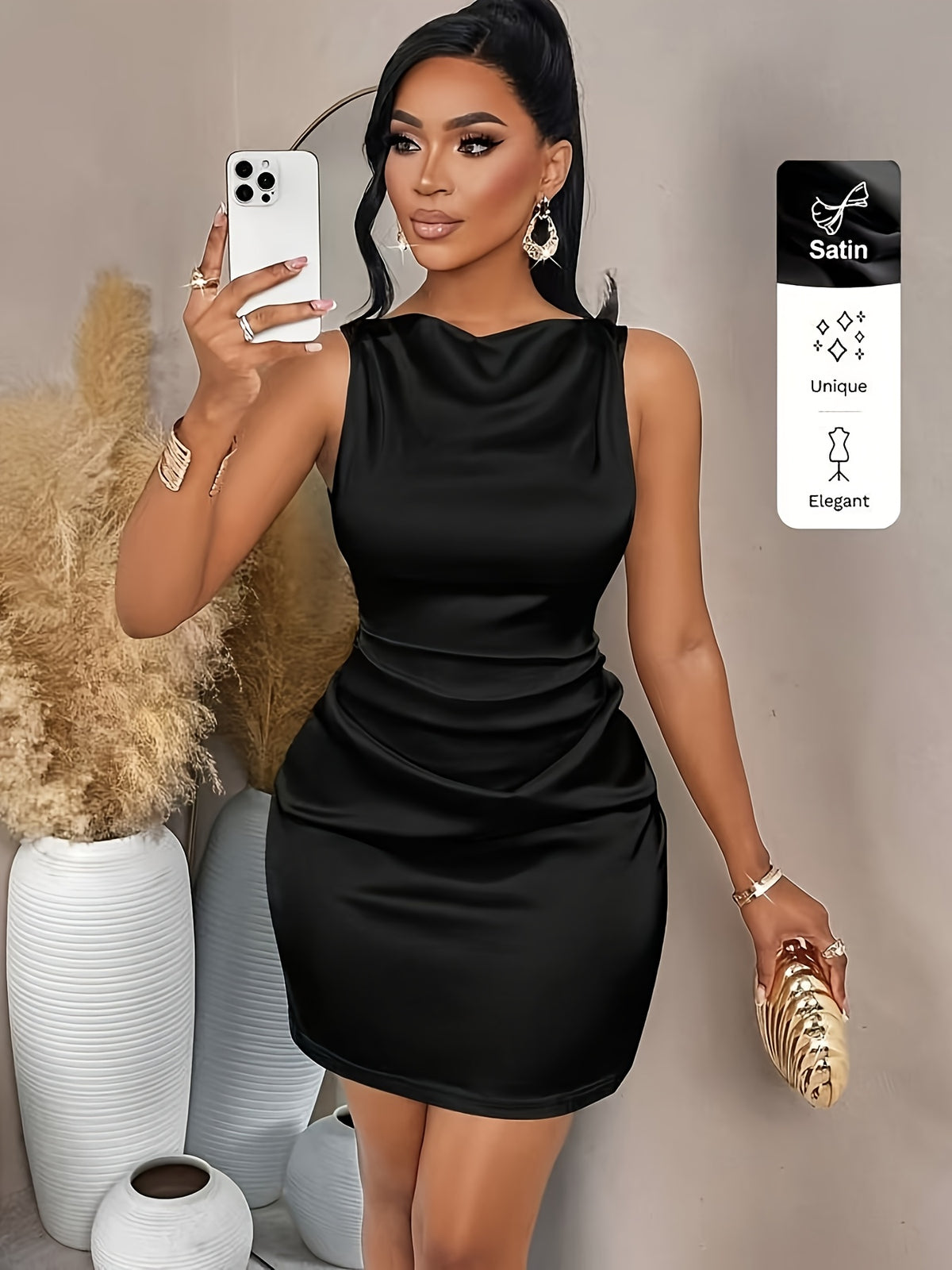 Women's Autumn/Winter Off-Shoulder Ruffle Waist A-Line Solid Color Satin Mini Dress, Suitable for Dates, Gatherings, and Party Occasions. Black. A Summer Party Outfit That Exudes Elegant Style - Black