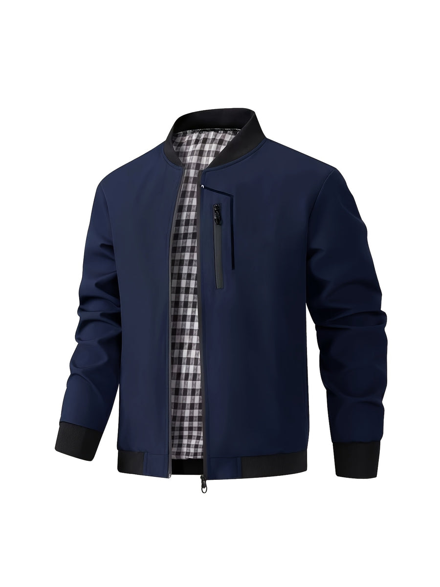 Holiday Gift Choice for Dad 1pc Men'S Black Windproof Solid Polo Metal Zipper Head Slant Pocket Biker Style Spring Autumn Slim Fit Commuter Casual Jacket - Navy Color