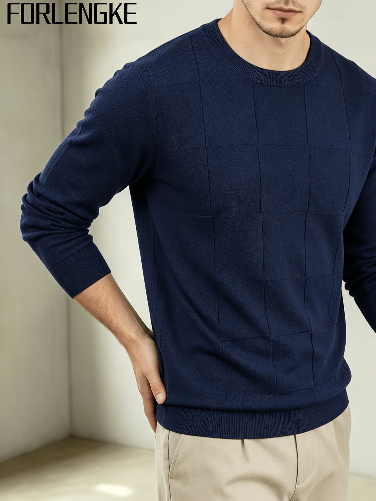 FORLENGKE Men's Business Casual Grid Textured Sweater - Soft Warm Stretch Knit Crew Neck Pullover, Suitable for Fall Winter Office Wear, Long Sleeve Blazer or Sweater Vest Compatible for Daily Professional Attire - Navy Color